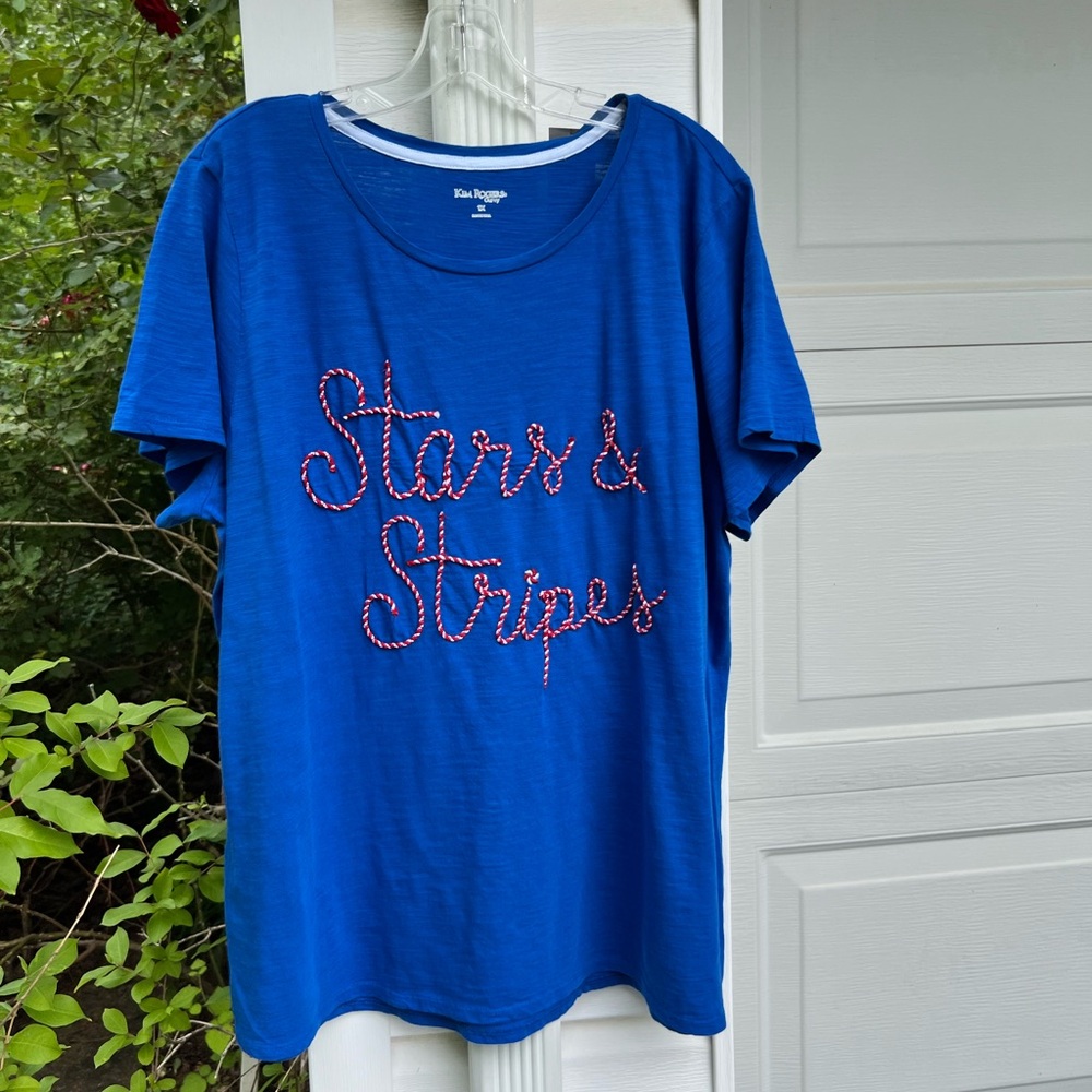 NWT Kim Rogers Pretty Blue Red White Embellished “Stars & Stripes” Top